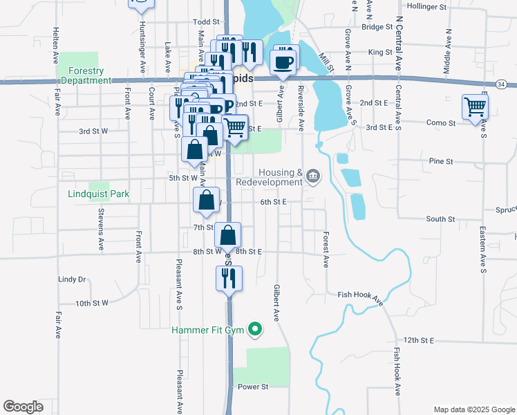 map of restaurants, bars, coffee shops, grocery stores, and more near 201 6th Street East in Park Rapids