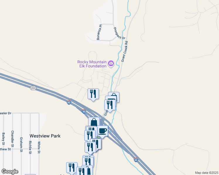 map of restaurants, bars, coffee shops, grocery stores, and more near 5510 Creekstone Drive in Missoula
