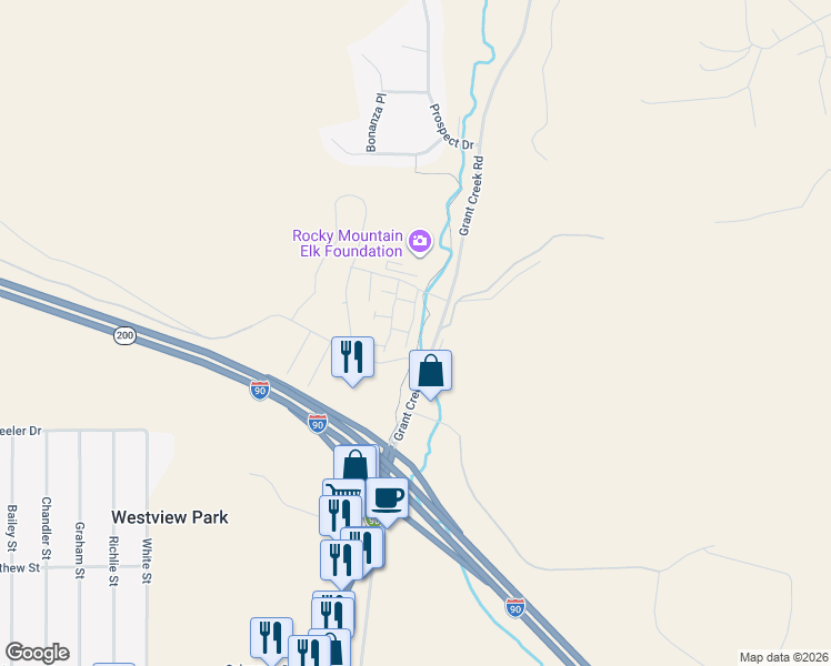 map of restaurants, bars, coffee shops, grocery stores, and more near 5 Creekstone Drive in Missoula