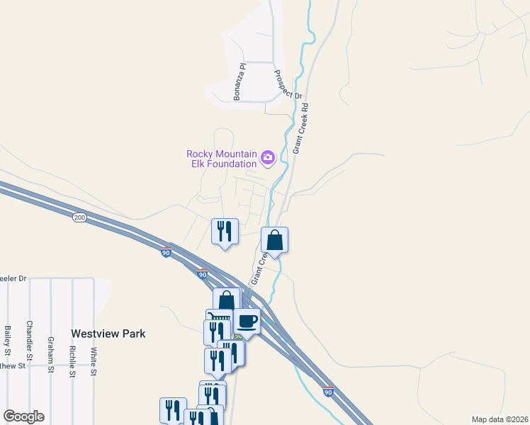 map of restaurants, bars, coffee shops, grocery stores, and more near 5 Creekstone Drive in Missoula