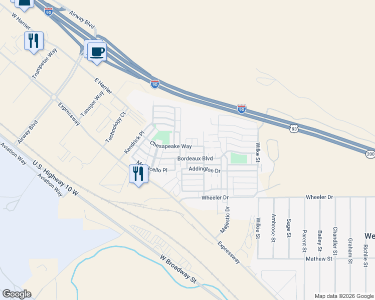map of restaurants, bars, coffee shops, grocery stores, and more near 4455 Chesapeake Way in Missoula