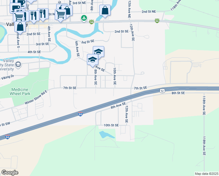 map of restaurants, bars, coffee shops, grocery stores, and more near 943 7th Street Southeast in Valley City
