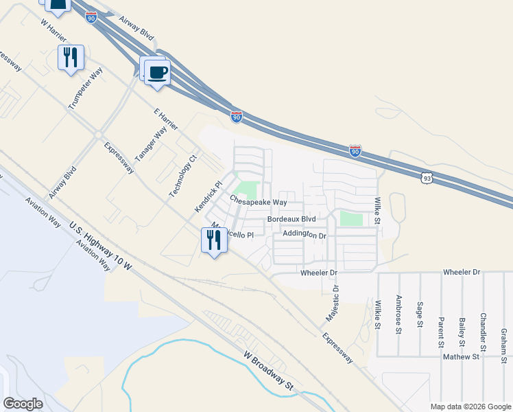 map of restaurants, bars, coffee shops, grocery stores, and more near 4633 Chesapeake Way in Missoula
