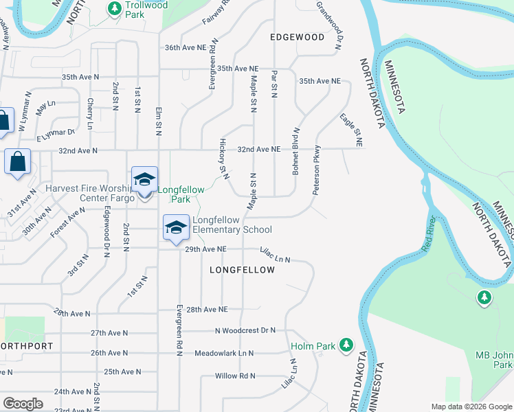 map of restaurants, bars, coffee shops, grocery stores, and more near 2939 Maple Street in Fargo