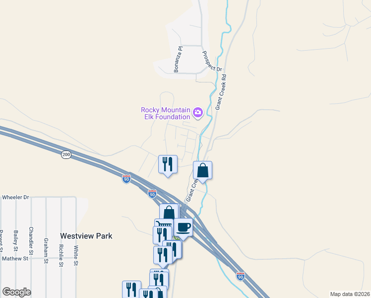 map of restaurants, bars, coffee shops, grocery stores, and more near 2803 Rockridge Court in Missoula