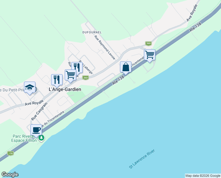map of restaurants, bars, coffee shops, grocery stores, and more near 6536 Boulevard Sainte-Anne in L'Ange-Gardien