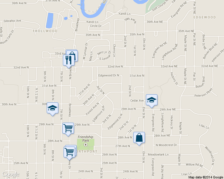 map of restaurants, bars, coffee shops, grocery stores, and more near 221 Forest Avenue North in Fargo