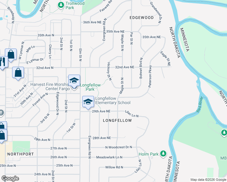 map of restaurants, bars, coffee shops, grocery stores, and more near 3014 Hickory Street in Fargo