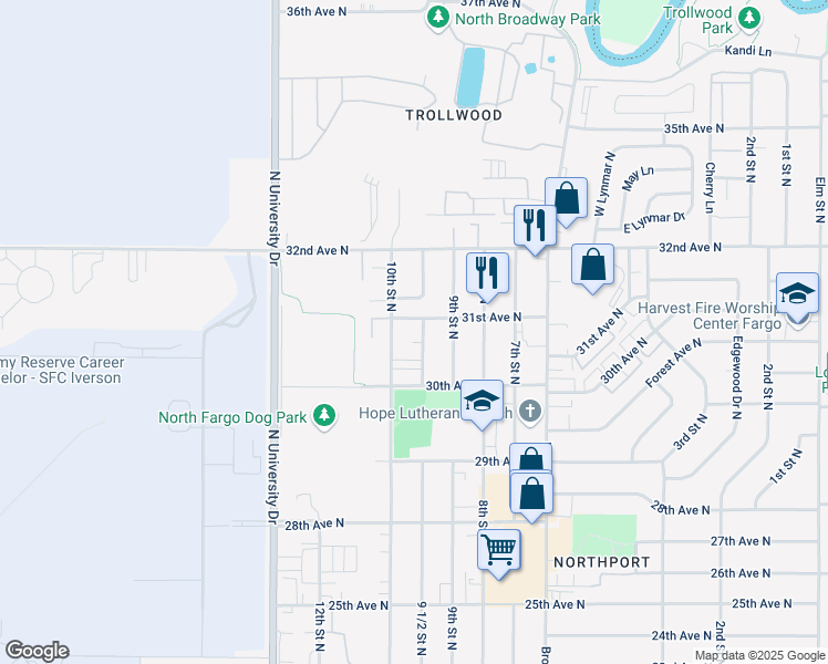 map of restaurants, bars, coffee shops, grocery stores, and more near 3031 9 1/2 Street North in Fargo