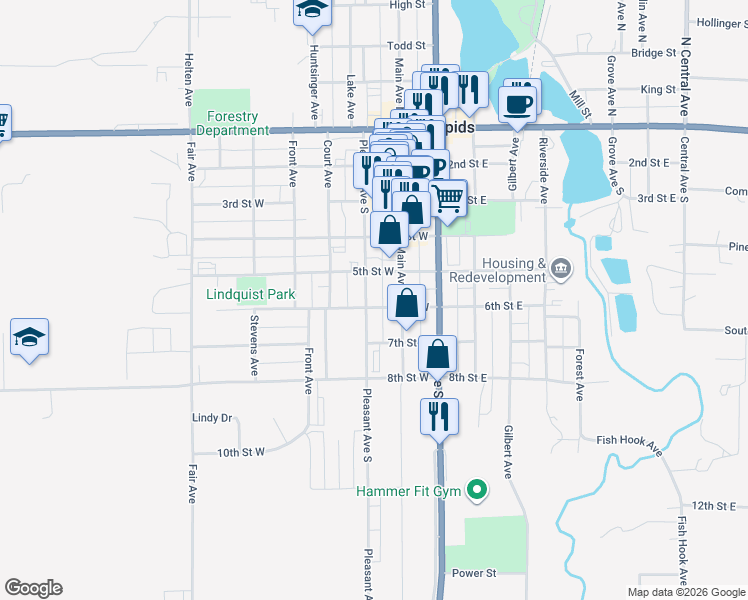 map of restaurants, bars, coffee shops, grocery stores, and more near 516 Pleasant Avenue South in Park Rapids