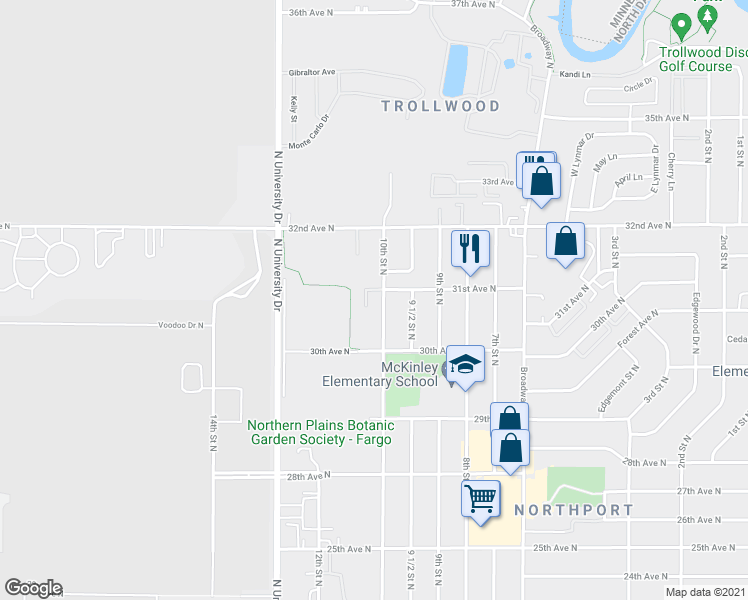map of restaurants, bars, coffee shops, grocery stores, and more near 3040 10th Street North in Fargo