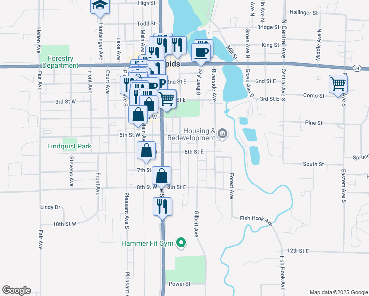 map of restaurants, bars, coffee shops, grocery stores, and more near 201 6th Street East in Park Rapids