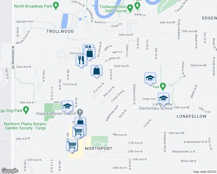 map of restaurants, bars, coffee shops, grocery stores, and more near 318 31st Avenue North in Fargo