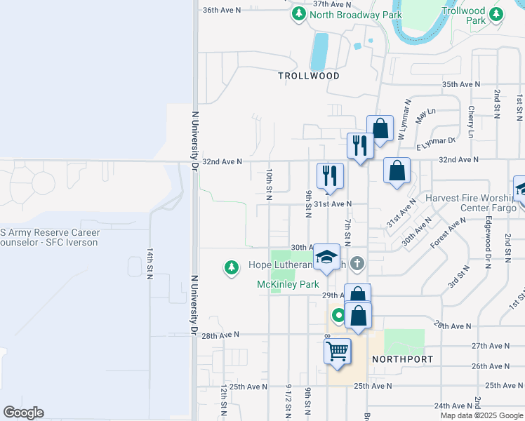 map of restaurants, bars, coffee shops, grocery stores, and more near 3040 10th Street North in Fargo