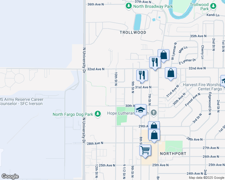 map of restaurants, bars, coffee shops, grocery stores, and more near 3040 10th Street North in Fargo