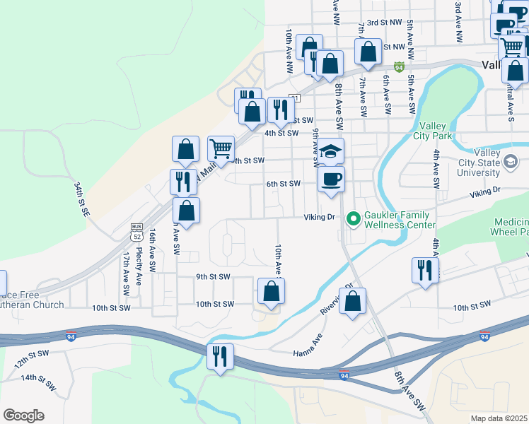 map of restaurants, bars, coffee shops, grocery stores, and more near 1092-1198 Viking Drive in Valley City