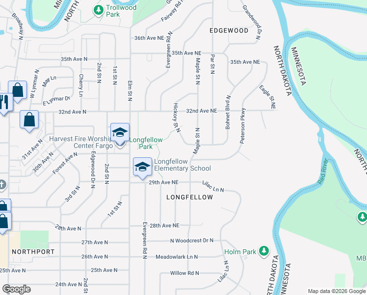 map of restaurants, bars, coffee shops, grocery stores, and more near 3014 Hickory Street North in Fargo