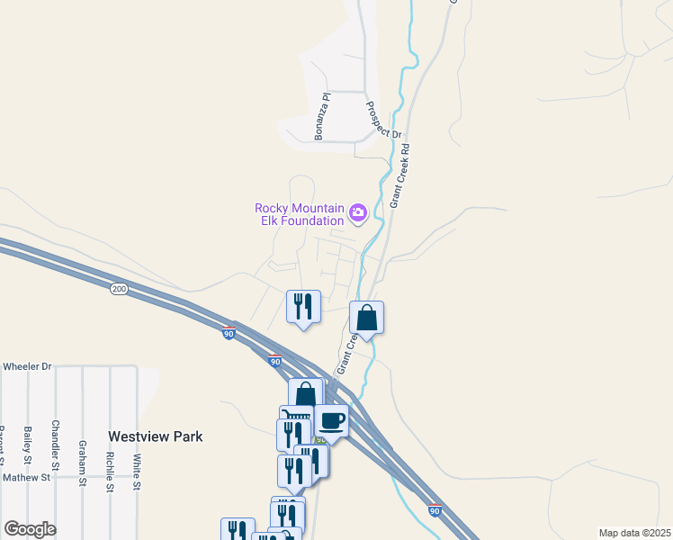 map of restaurants, bars, coffee shops, grocery stores, and more near 2802 Rockridge Court in Missoula