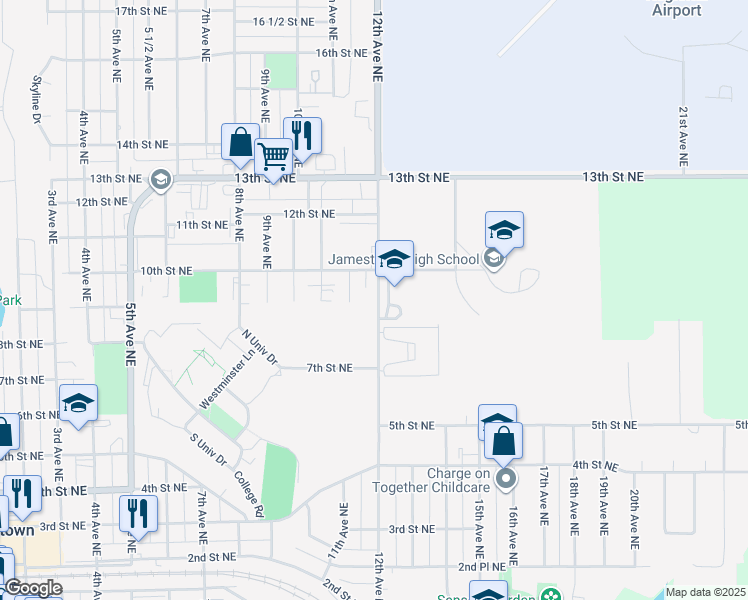 map of restaurants, bars, coffee shops, grocery stores, and more near 909 12th Avenue Northeast in Jamestown