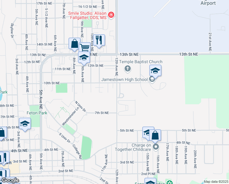 map of restaurants, bars, coffee shops, grocery stores, and more near 909 12th Avenue Northeast in Jamestown