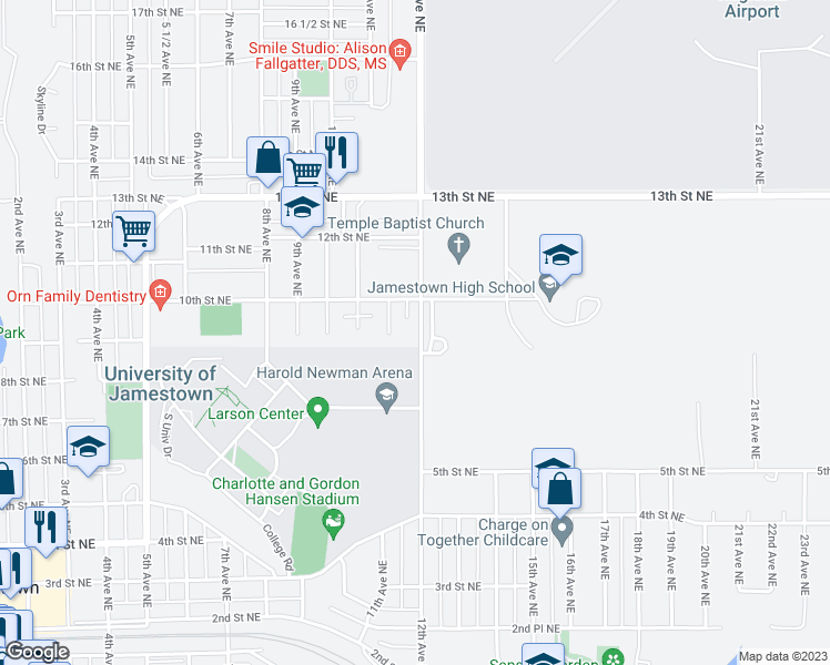 map of restaurants, bars, coffee shops, grocery stores, and more near 909 12th Avenue Northeast in Jamestown