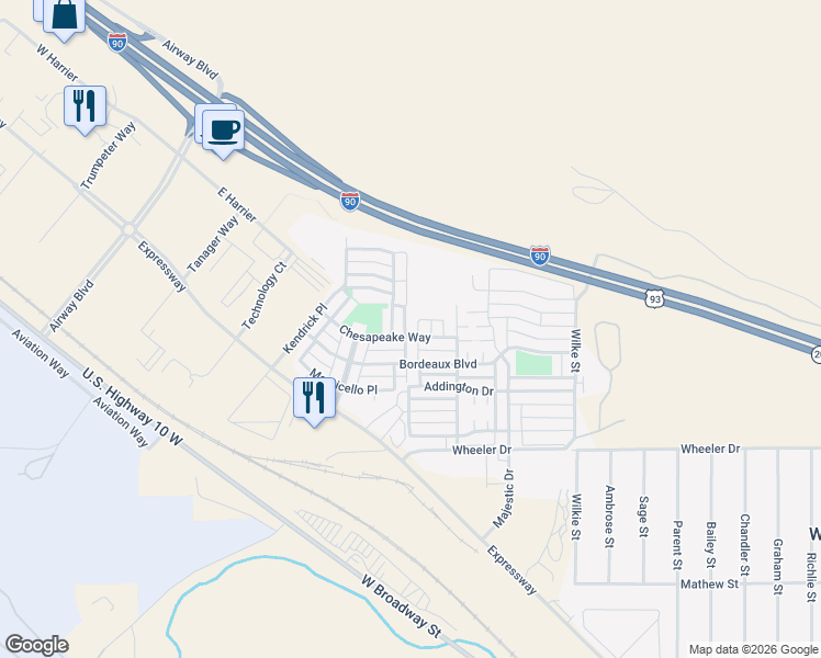 map of restaurants, bars, coffee shops, grocery stores, and more near 4455 Chesapeake Way in Missoula
