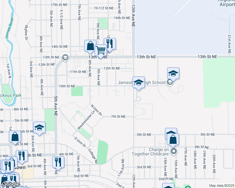 map of restaurants, bars, coffee shops, grocery stores, and more near 904 Thomas Avenue in Jamestown