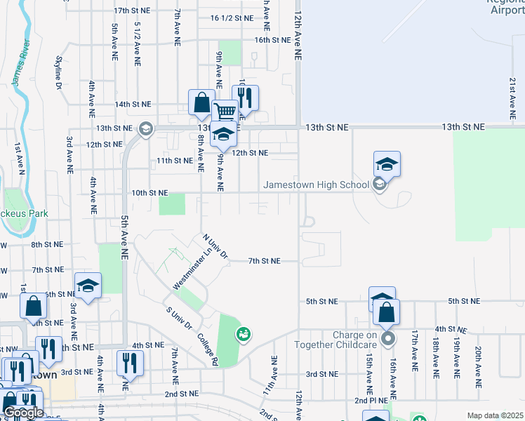 map of restaurants, bars, coffee shops, grocery stores, and more near 904 Thomas Avenue in Jamestown