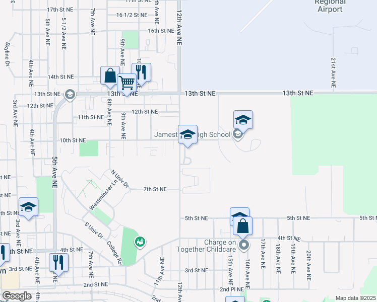 map of restaurants, bars, coffee shops, grocery stores, and more near 852 12th Avenue Northeast in Jamestown