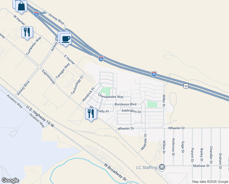 map of restaurants, bars, coffee shops, grocery stores, and more near 4633 Chesapeake Way in Missoula