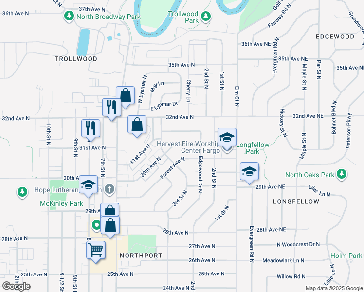 map of restaurants, bars, coffee shops, grocery stores, and more near 221 Forest Avenue North in Fargo