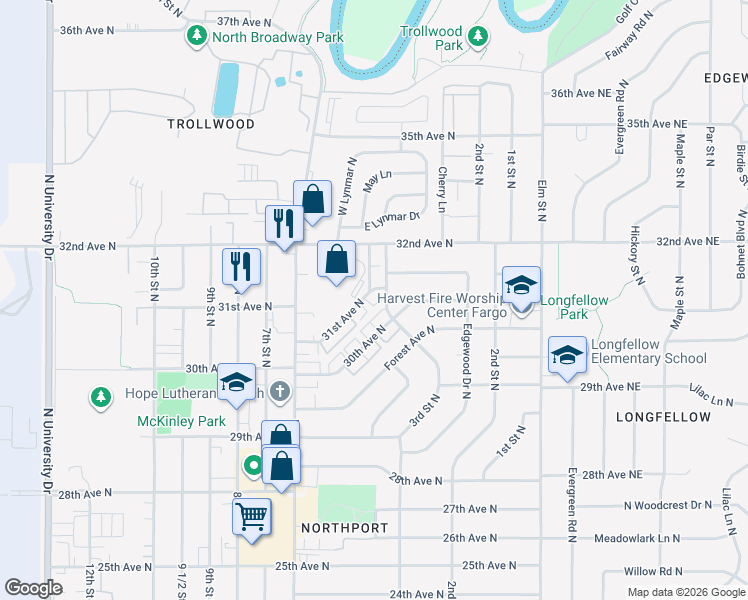 map of restaurants, bars, coffee shops, grocery stores, and more near 318 31st Avenue North in Fargo