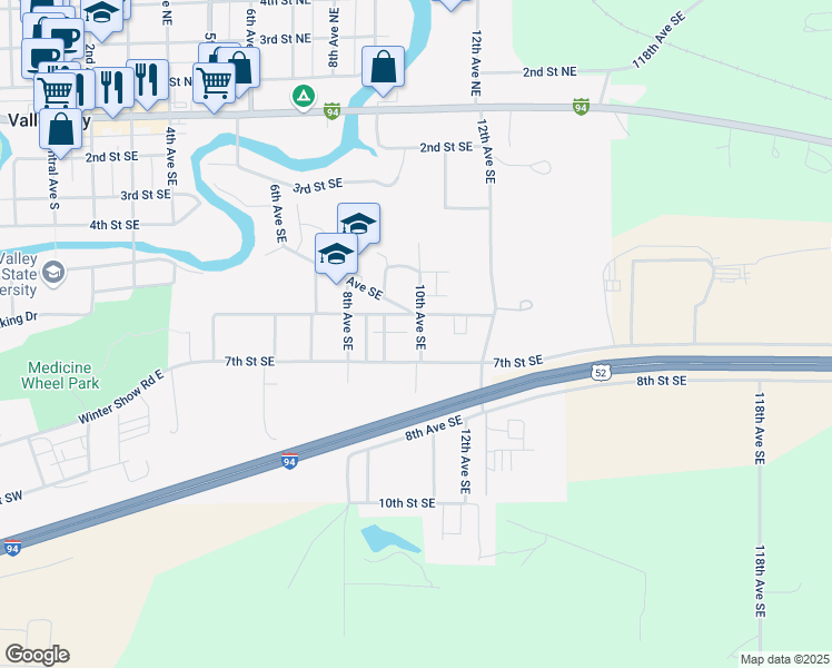 map of restaurants, bars, coffee shops, grocery stores, and more near 943-999 7th Street Southeast in Valley City