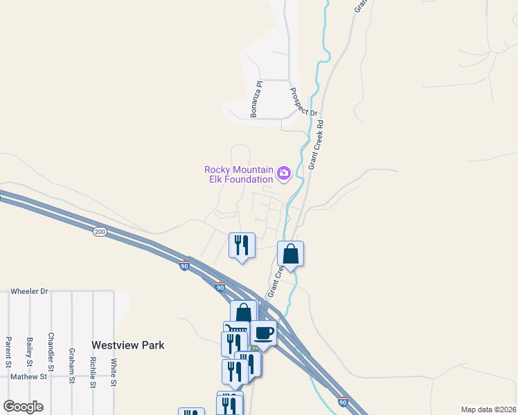 map of restaurants, bars, coffee shops, grocery stores, and more near 2803 Rockridge Court in Missoula