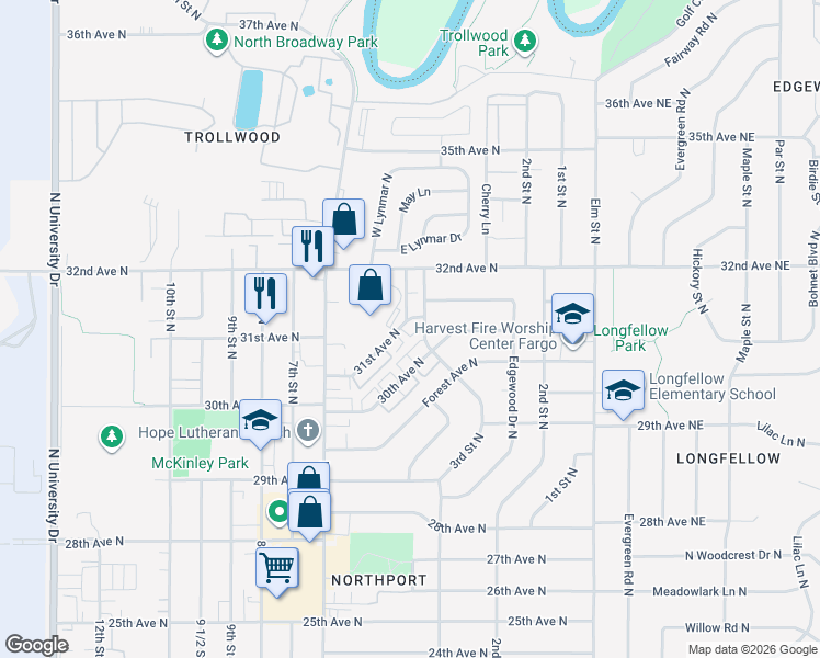 map of restaurants, bars, coffee shops, grocery stores, and more near 318 31st Avenue North in Fargo