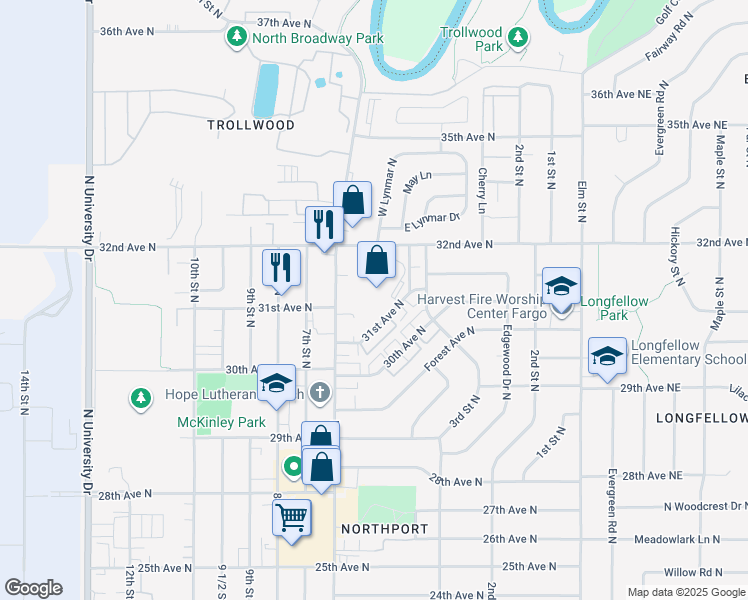 map of restaurants, bars, coffee shops, grocery stores, and more near 3105 Broadway North in Fargo