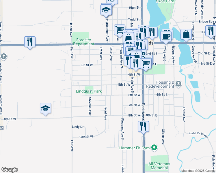 map of restaurants, bars, coffee shops, grocery stores, and more near 408 4th Street West in Park Rapids