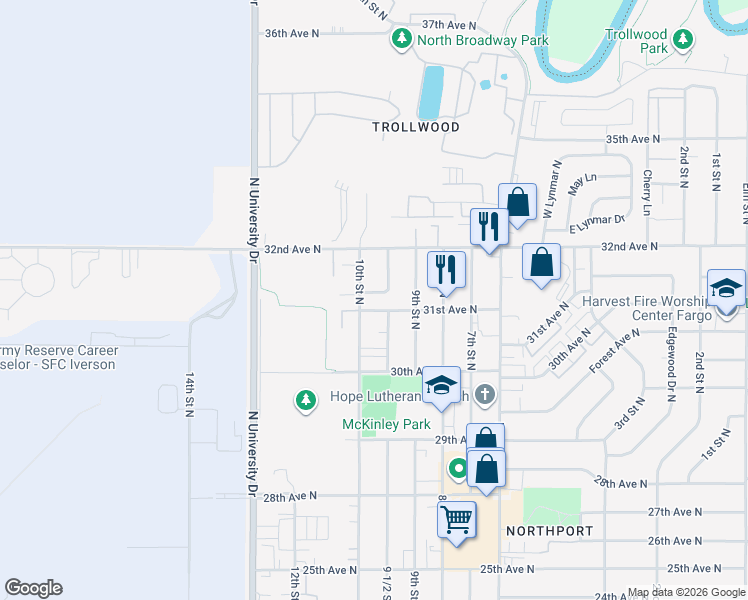 map of restaurants, bars, coffee shops, grocery stores, and more near 3109 9 1/2 Street North in Fargo