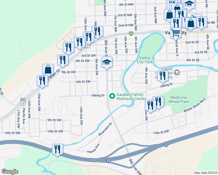 map of restaurants, bars, coffee shops, grocery stores, and more near 764-798 6th Street Southwest in Valley City