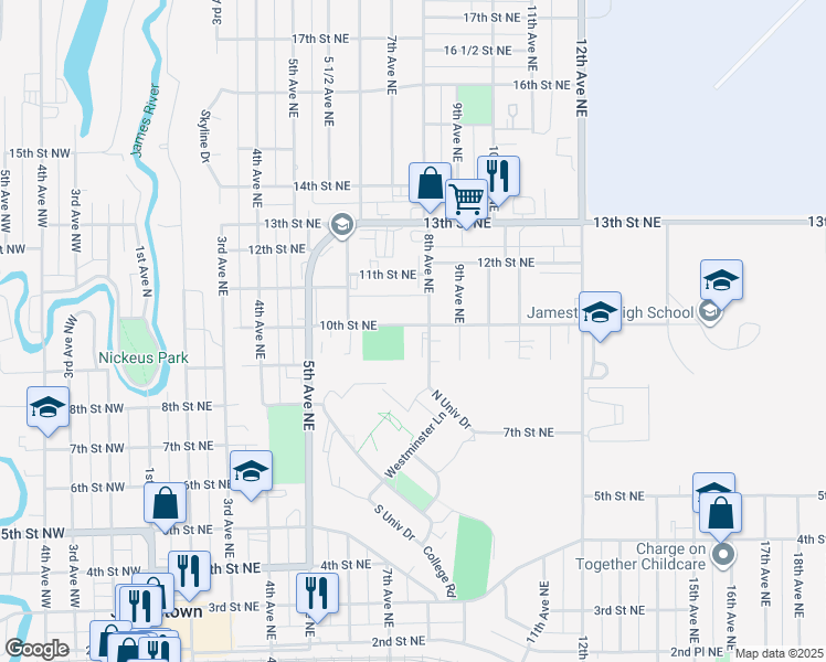 map of restaurants, bars, coffee shops, grocery stores, and more near 746 10th Street Northeast in Jamestown