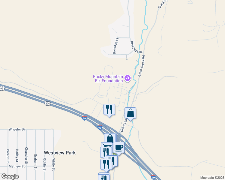 map of restaurants, bars, coffee shops, grocery stores, and more near 5705 Grant Creek Road in Missoula