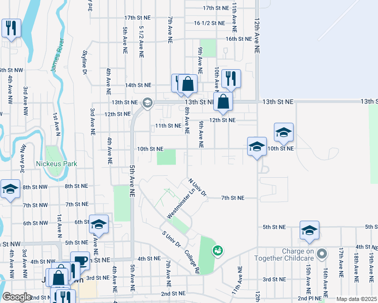 map of restaurants, bars, coffee shops, grocery stores, and more near 1001 9th Avenue Northeast in Jamestown
