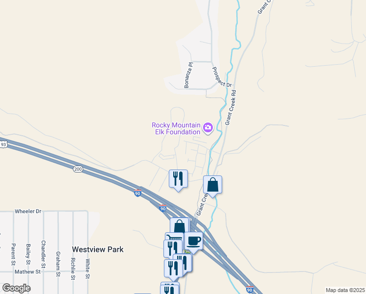 map of restaurants, bars, coffee shops, grocery stores, and more near 20 Highcliff Court in Missoula