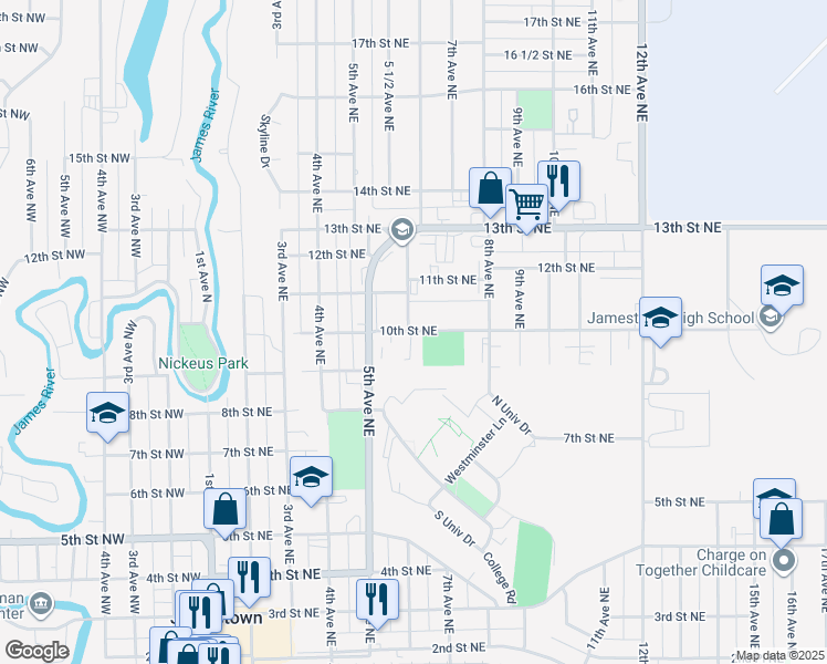 map of restaurants, bars, coffee shops, grocery stores, and more near 1000 5th Avenue Northeast in Jamestown