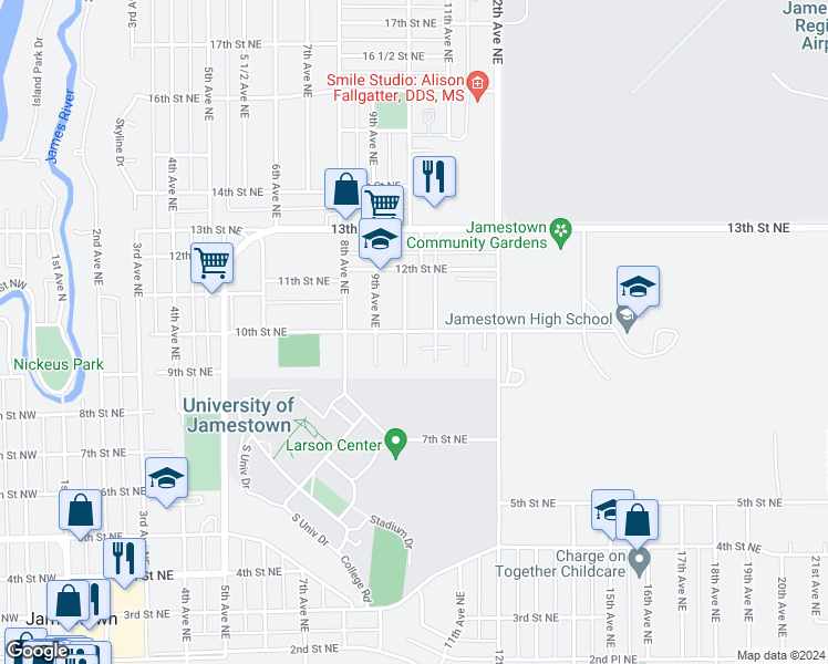 map of restaurants, bars, coffee shops, grocery stores, and more near 1012 10th Street Northeast in Jamestown