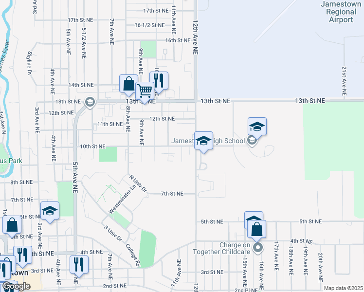 map of restaurants, bars, coffee shops, grocery stores, and more near 999 11th Avenue Northeast in Jamestown