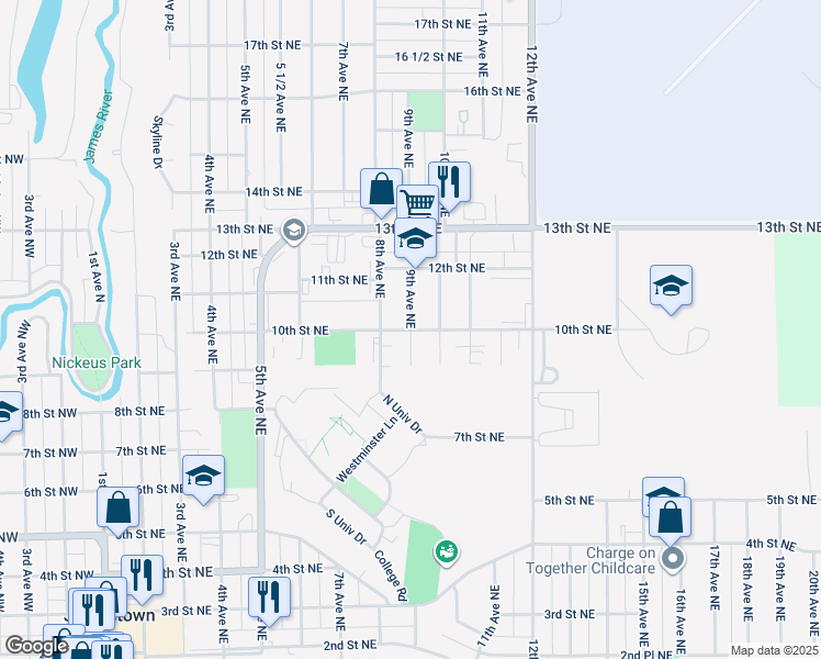 map of restaurants, bars, coffee shops, grocery stores, and more near 1001 9th Avenue Northeast in Jamestown