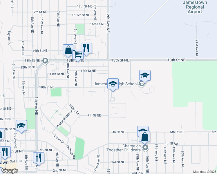 map of restaurants, bars, coffee shops, grocery stores, and more near 1201 10th Street Northeast in Jamestown