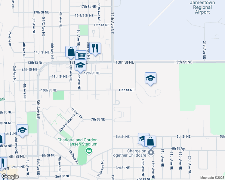 map of restaurants, bars, coffee shops, grocery stores, and more near 12th Avenue Northeast in Jamestown
