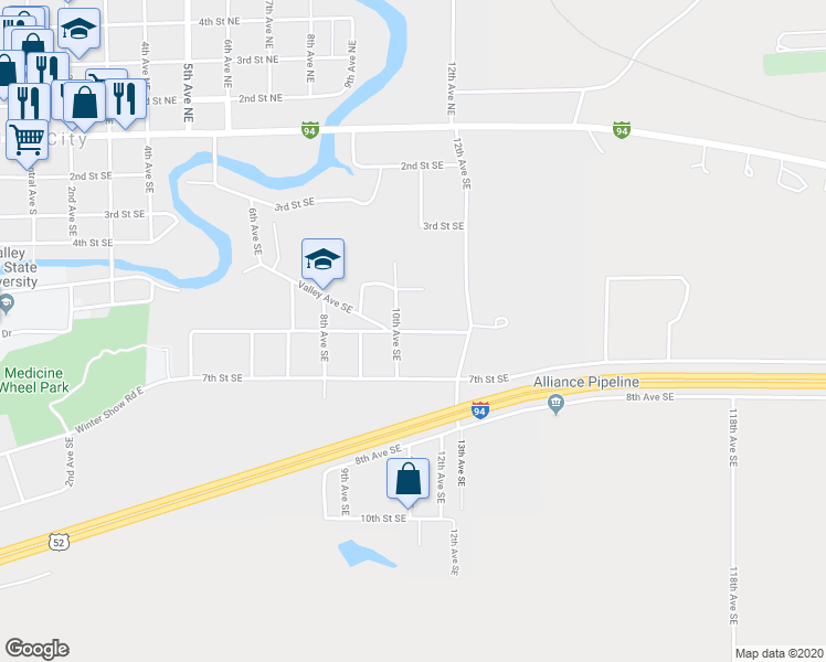 map of restaurants, bars, coffee shops, grocery stores, and more near 6th Street Southeast in Valley City